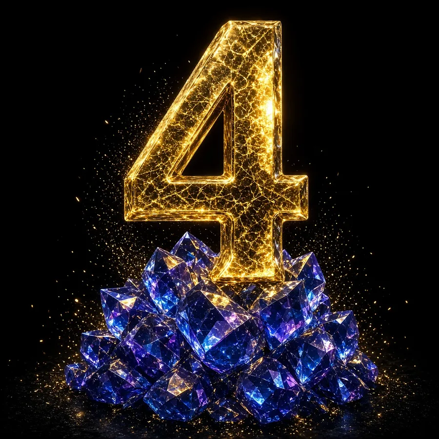 Giant glowing 4 rising from blue Ethereum crystals
