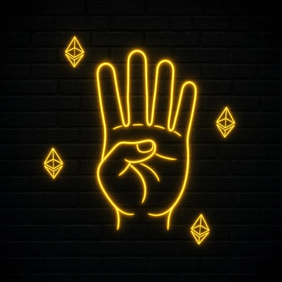 Neon hand sign with four fingers up and Ethereum diamonds
