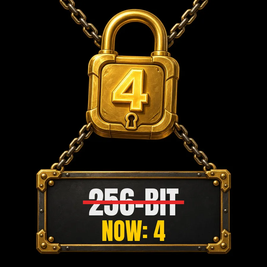 Golden padlock with a 4, and a sign with 256-BIT crossed out and NOW: 4