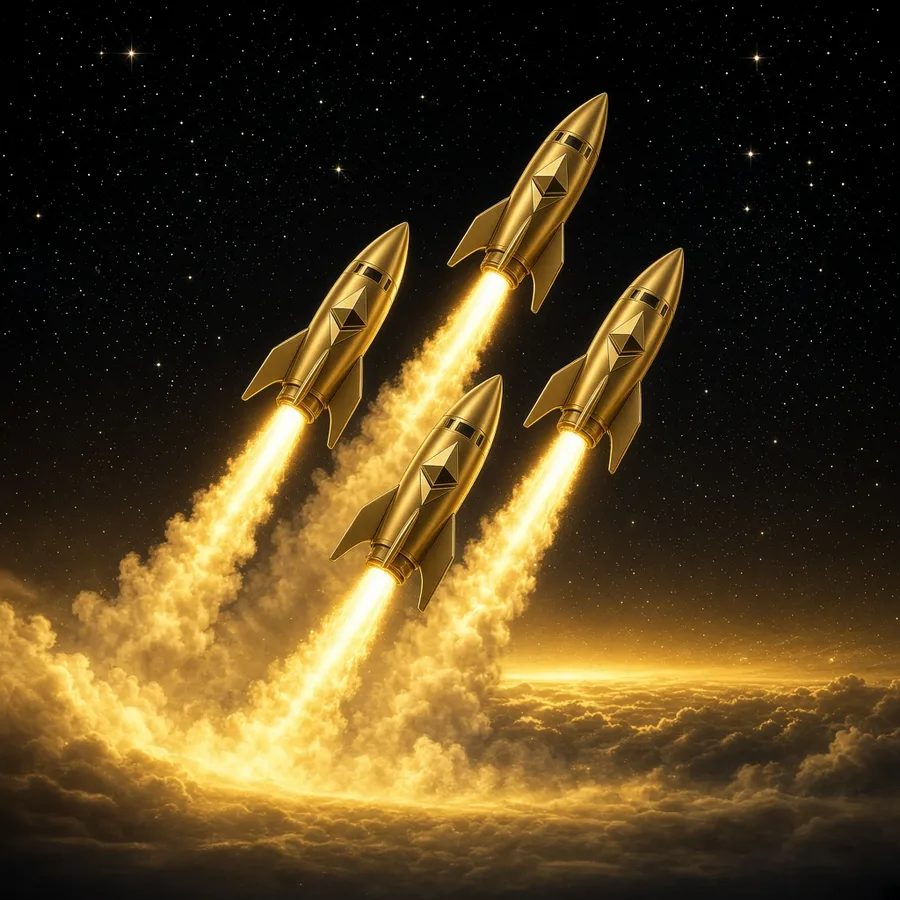 Four golden rockets with Ethereum emblems launching into space
