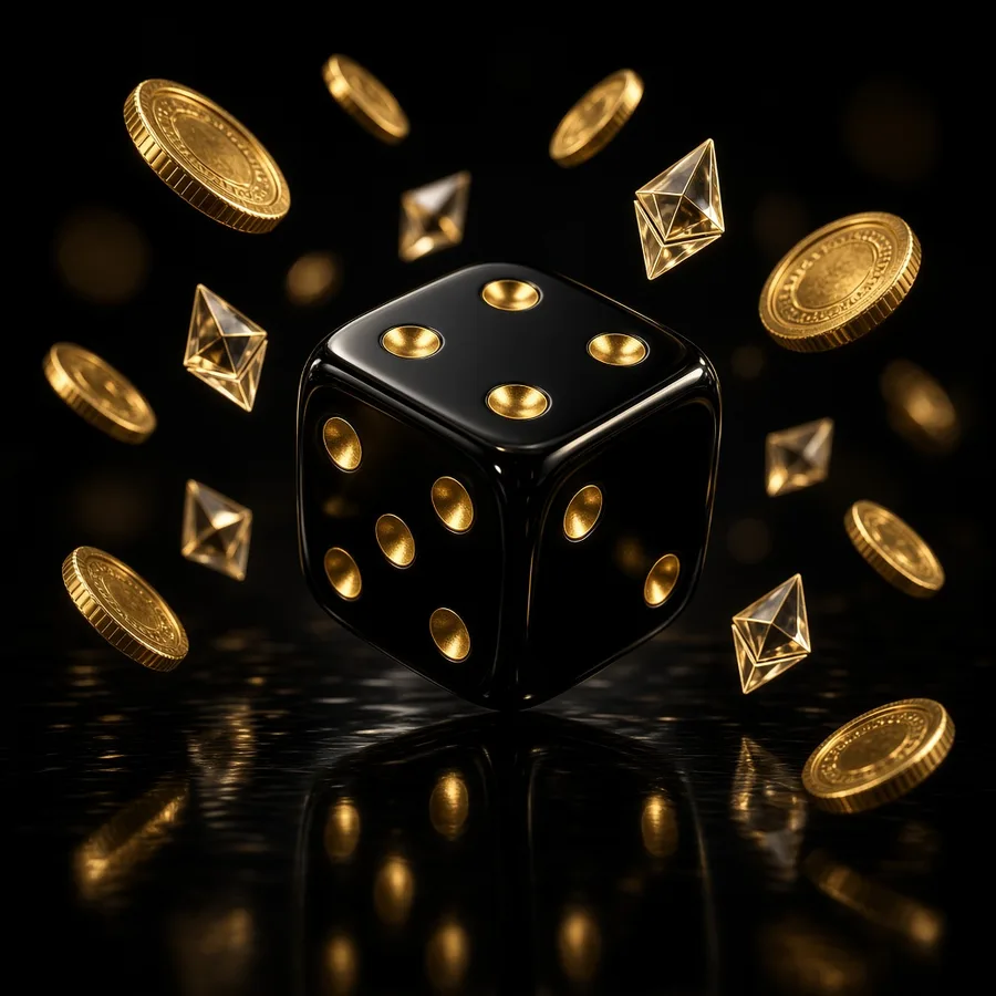 Black dice showing four with gold coins and Ethereum diamonds